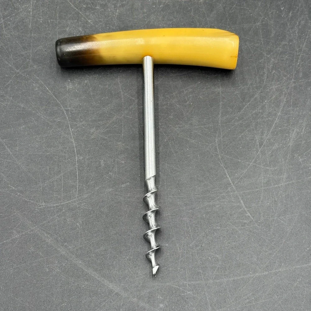 Vtg MCM T-Handle Corkscrew Faux Horn Marbled Yellow Brown Barware Wine Opener